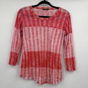 DAVID CLINE Tunic Womens Small Red Crew Neck 3/4 Sleeve Knit Striped Lightweight